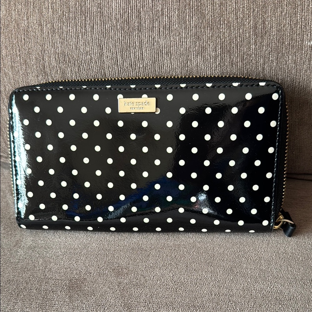 Kate Spade Black and White Polka Dot Continental Zipper Wallet
